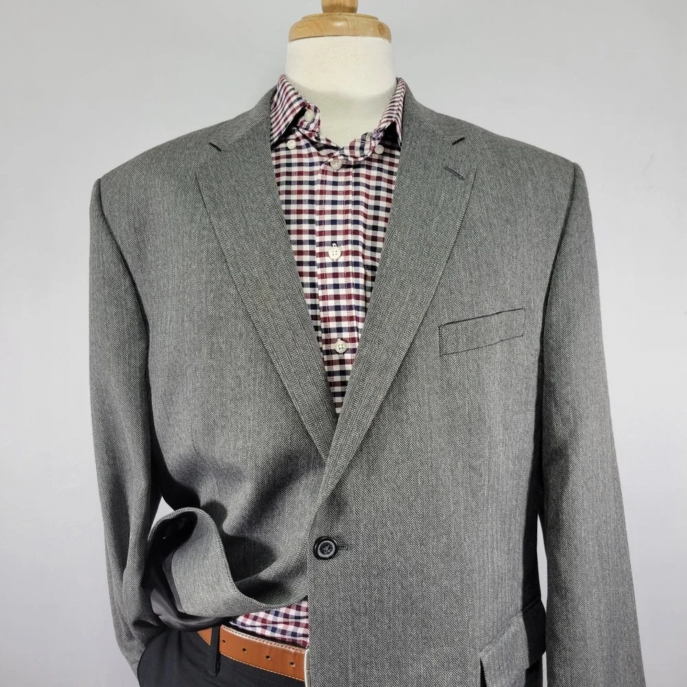 Joseph Feiss Men's Sport Coat Blazer Two Button‎ Gray Herringbone Poly Blend 46L